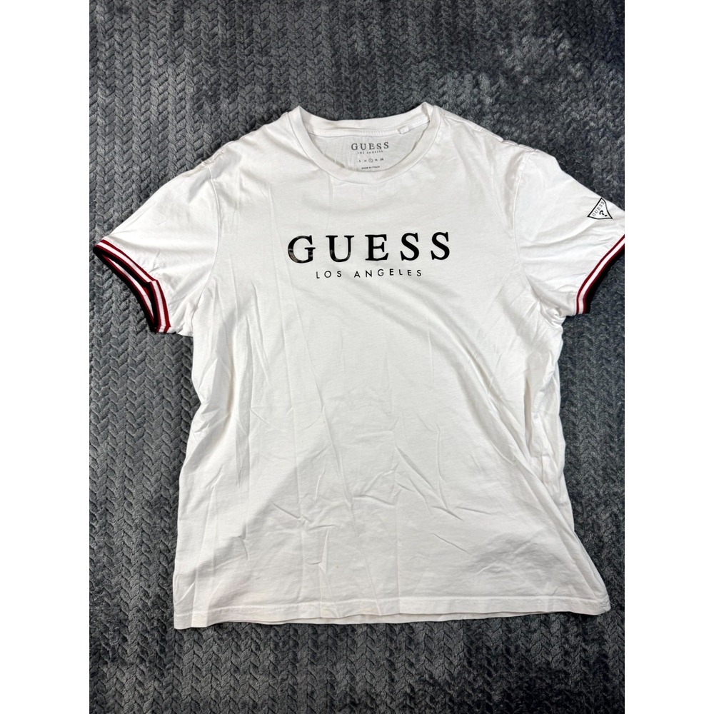 Guess Los Angeles T-Shirt Men Large White Striped Knit Cotton Logo Everyday Wear